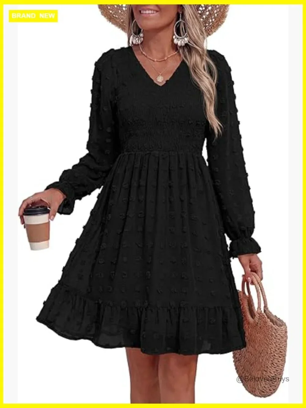 Long Sleeve V Neck Swiss Dot Smocked Ruffle Chiffon Flow Mini Dress